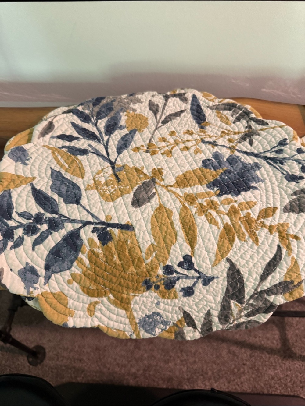 3 Floral Quilted Round Table Topper in Mustard and Navy & Napkins
